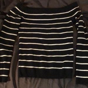 Black and white striped off the shoulder sweater